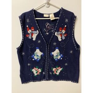 Vintage Women's Navy Sweater Vest Large Snowman Festive Holiday Ugly